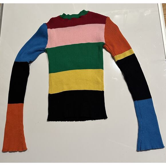 Rainbow Striped Daisy Jacket Flower Knitted Stretch Pocket Multicolor Sweater Sm - Picture 7 of 10